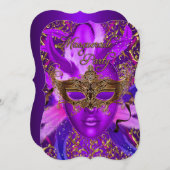 Veer Paarse gouden Masquerade Party uitnodigen Kaart (Voorkant / Achterkant)