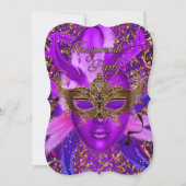 Veer Paarse gouden Masquerade Party uitnodigen Kaart (Voorkant)