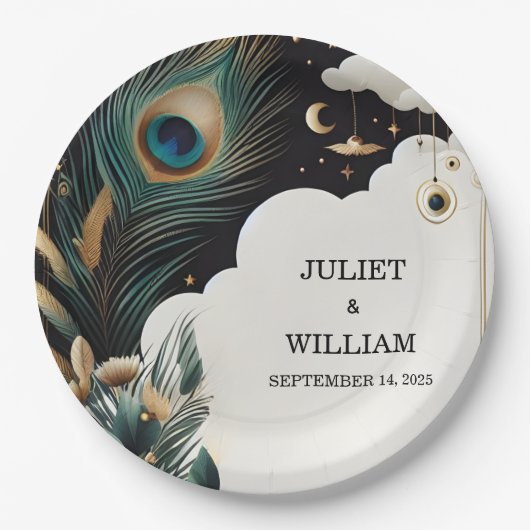 Veer Rustieke Aziatische Sky Cloud Peacock Bruilof Papieren Bordje (Voorkant)