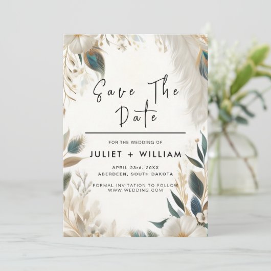 Veer Rustieke Aziatische Sky Cloud Peacock Bruilof Save The Date (Staand voorkant)