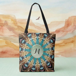 Veer Teal, bruin, blauw en groen Mandala Tote Bag