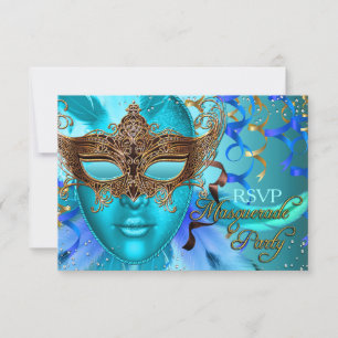 Veer Teal Gouden Masker Masquerade Feest RSVP Kaartje