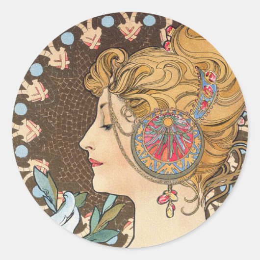 Veer van Alphonse Mucha -  Art Nouveau Ronde Sticker (Voorkant)