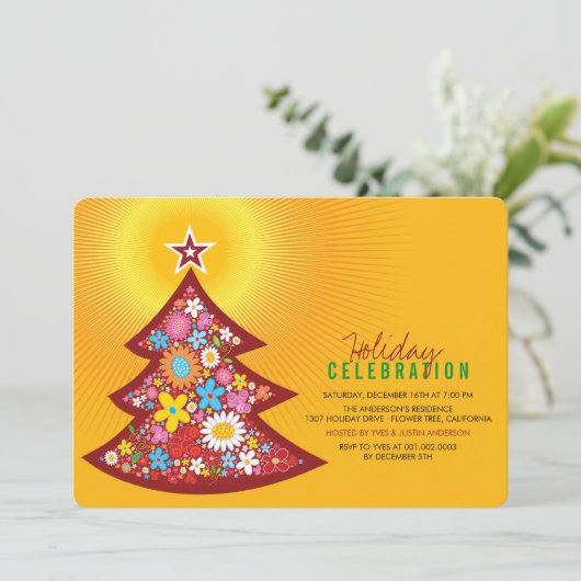 Veerbloemen kerstboomfeest Uitnodiging (Staand voorkant)