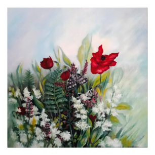 Veerbloemen met papavers en vlinders foto afdruk