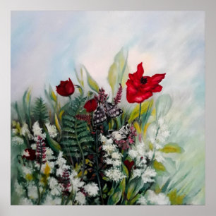 Veerbloemen met papavers en vlinders poster