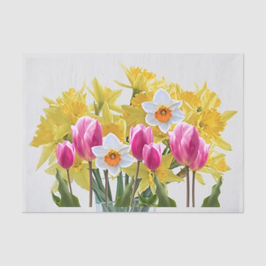 Veerbloemen / Vetvloeren van Daffodils, roze Tulpe Tissuepapier (Voorkant)