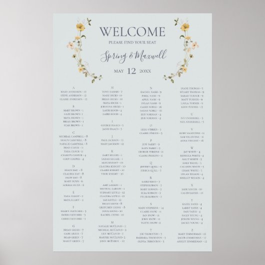 Veerbloemig blauw alfabetisch zetschema poster (Voorkant)