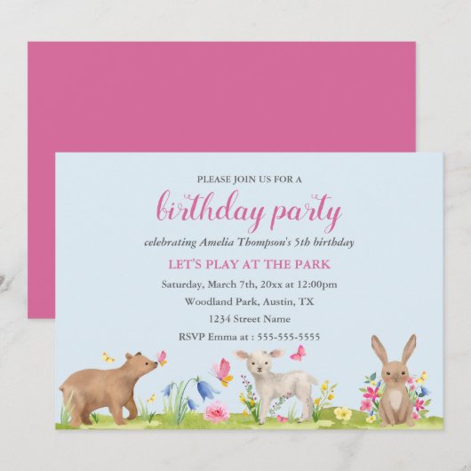 Veerbloemige zoete dieren Veerdaagse uitnodiging (Voorkant / Achterkant)