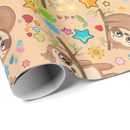 Veerdaagse Cute Sloth on Branch Pattern Baby showe Cadeaupapier (Rol Hoek)