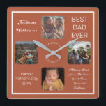 Veerdag Beste vader ooit, Terra Cotta Vier Foto Vierkante Klok<br><div class="desc">Show vader je schat hem voor Vaderdag met deze vier foto's tera cotta en wit design met de naam van je vader, de tekst "Beste vader ooit" en ruimte voor een unieke boodschap hieronder met getypte handtekeningen in scripttekst en de gelegenheid en het jaar. Het ontwerp door Vakantie maakt Design...</div>
