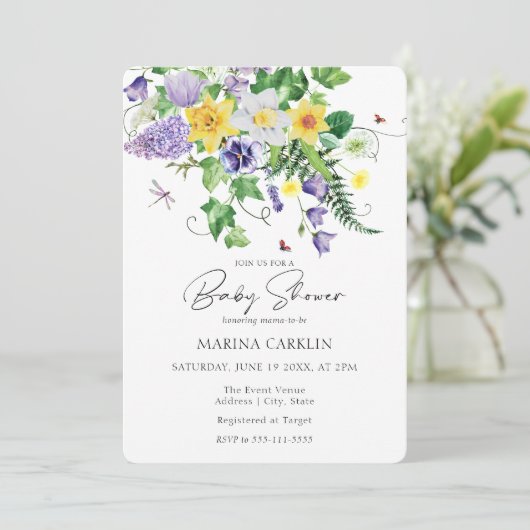 Veerdedils, wilde bloemen en gedicht Baby shower Kaart (Staand voorkant)