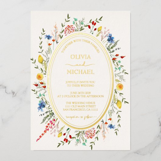 Veerkleurige bloem Wildbloemen Tuinbruiloft Folie Uitnodiging (Voorkant)