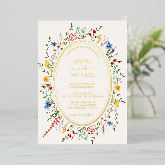 Veerkleurige bloem Wildbloemen Tuinbruiloft Folie Uitnodiging (Staand Voorkant)