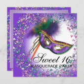 Veermasker Paarse Sweet 16 Masquerade Party Kaart (Voorkant / Achterkant)