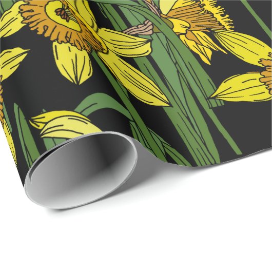 Veernige Narcissus Daffodils op Black Bold Floral Cadeaupapier (Rol Hoek)