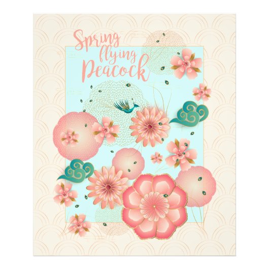 Veerpeach tuin vliegend peracock Floral-sieraad Foto Afdruk (Voorkant)