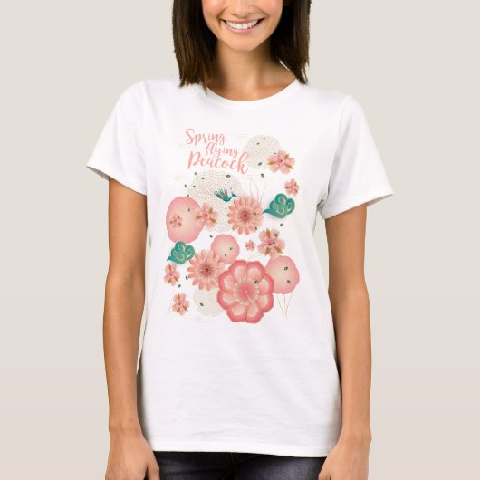 Veerpeach tuin vliegend peracock Floral-sieraad T-shirt (Voorkant)