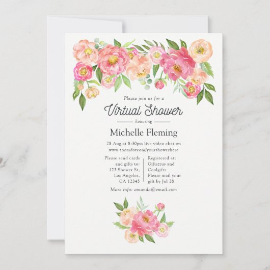 Veerroze Floral Girl Virtual Baby shower Kaart (Voorkant)