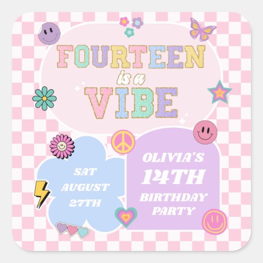 Veertien A Vibe Preppy Patch 14e verjaardagsfeest Vierkante Sticker (Voorkant)