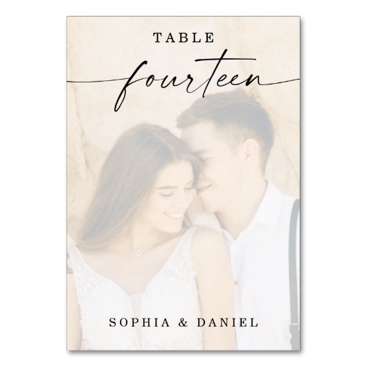 Veertien Elegant Script Photo Wedding Table Number Kaart (Voorkant)