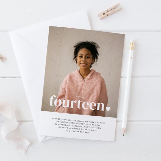 Veertien Heart Photo Birthday Invitation Kaart