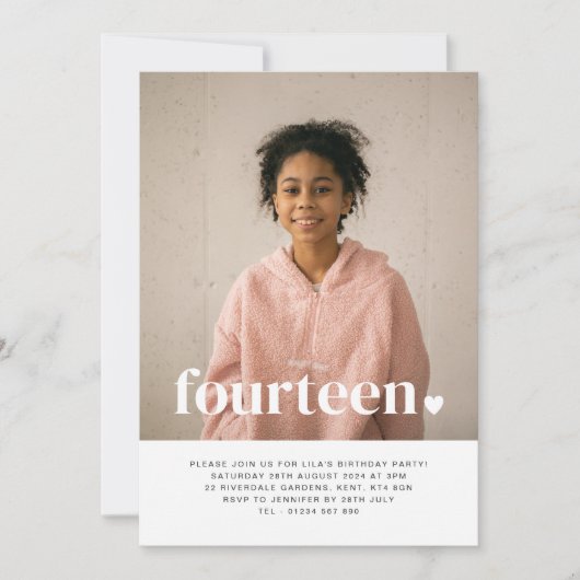 Veertien Heart Photo Birthday Invitation Kaart (Voorkant)