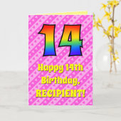 veertiende verjaardag: Roze strips & harten, regen Kaart (Gele Bloem)