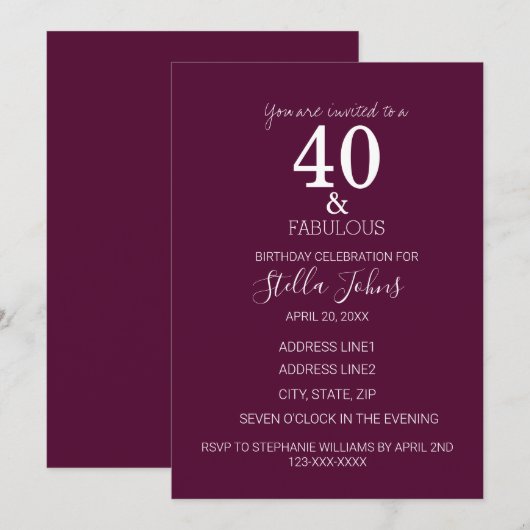 Veertig 40 Uitstekend Verjaardagsfeest Roze Paarse Kaart (Voorkant / Achterkant)