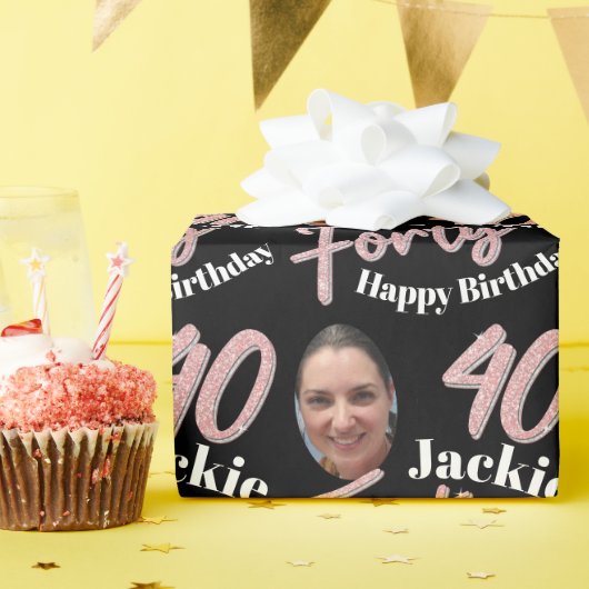 Veertig 40e Birthday-fotoscript roos roze aangepas Cadeaupapier (Verjaardagsfeest)