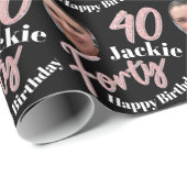 Veertig 40e Birthday-fotoscript roos roze aangepas Cadeaupapier (Rol Hoek)