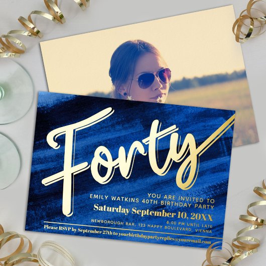 Veertig 40e verjaardag feest blauw kunst gouden sc folie uitnodiging