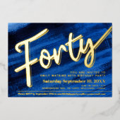 Veertig 40e verjaardag feest blauw kunst gouden sc folie uitnodiging (Voorkant)