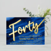Veertig 40e verjaardag feest blauw kunst gouden sc folie uitnodiging (Staand Voorkant)