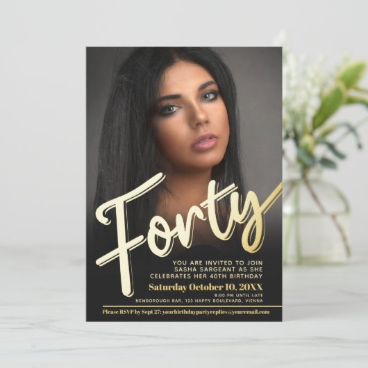 Veertig 40e verjaardag fotoscript platte gouden kl kaart (Staand voorkant)
