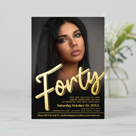 Veertig 40e verjaardag van het douanefoto goud folie uitnodiging (Staand Voorkant)