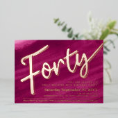 Veertig 40ste verjaardagsfeestje rood roze kunstsc folie uitnodiging (Staand Voorkant)