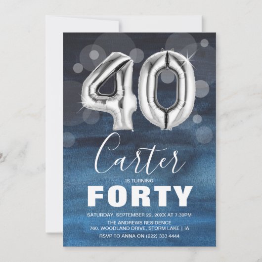 Veertig blauwe en zilveren ballonnen 40e verjaarda kaart (Voorkant)
