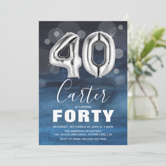 Veertig blauwe en zilveren ballonnen 40e verjaarda kaart (Staand voorkant)