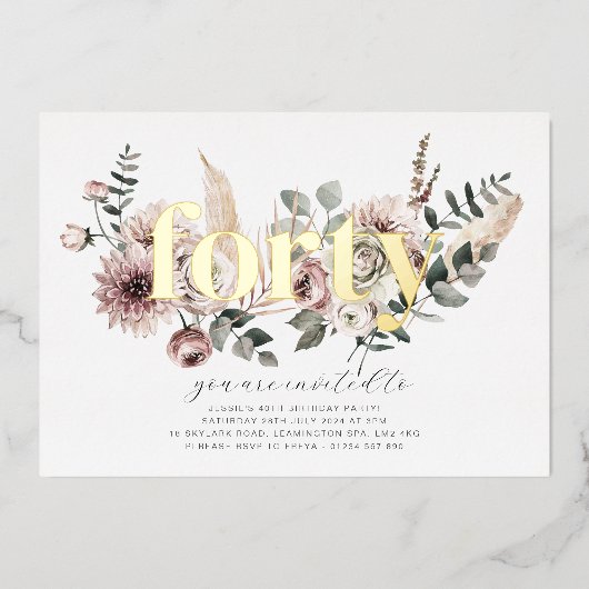 Veertig bloemen - 40e verjaardag - Goud Folie Uitnodiging (Voorkant)