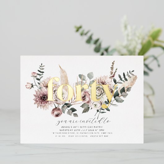 Veertig bloemen - 40e verjaardag - Goud Folie Uitnodiging (Staand Voorkant)