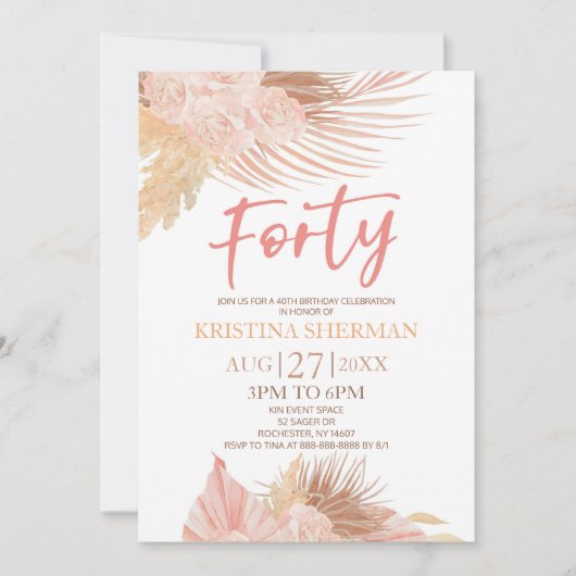 Veertig Boho Roze Bloemen 40e Verjaardagsfeest Kaart (Voorkant)