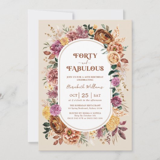 Veertig en Fabulous Boho Herfst Floral 40e verjaar Kaart (Voorkant)