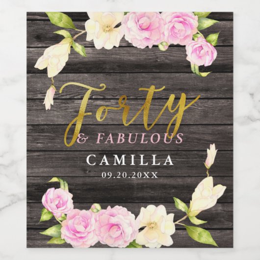 Veertig en Fabulous Elegant Bloem Verjaardag Wijn Etiket (Enkel label)