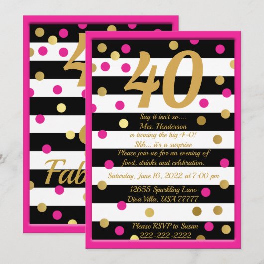 Veertig en Fabulous Hot Pink Black White Gold-dag Kaart (Voorkant / Achterkant)