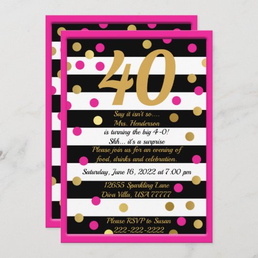 Veertig en Fabulous Hot Pink Zwart Wit Gouden Bday Kaart (Voorkant / Achterkant)