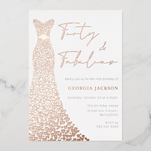 Veertig & Fab Jurk 40e Verjaardag Echt Roos Goud Folie Uitnodiging (Voorkant)