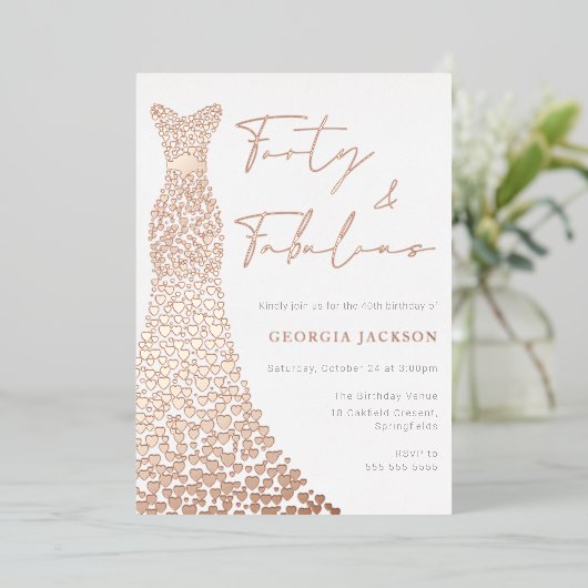 Veertig & Fab Jurk 40e Verjaardag Echt Roos Goud Folie Uitnodiging (Staand Voorkant)