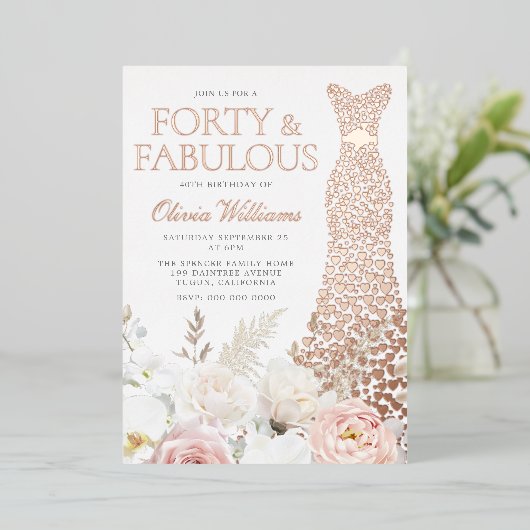 Veertig & Fabulous 40e Verjaardagsfeestje Roos Gou Folie Uitnodiging (Staand Voorkant)