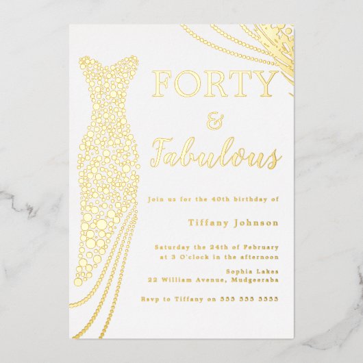 Veertig & Fabulous! Gouden folie jurk 40e verjaard Folie Uitnodiging (Voorkant)